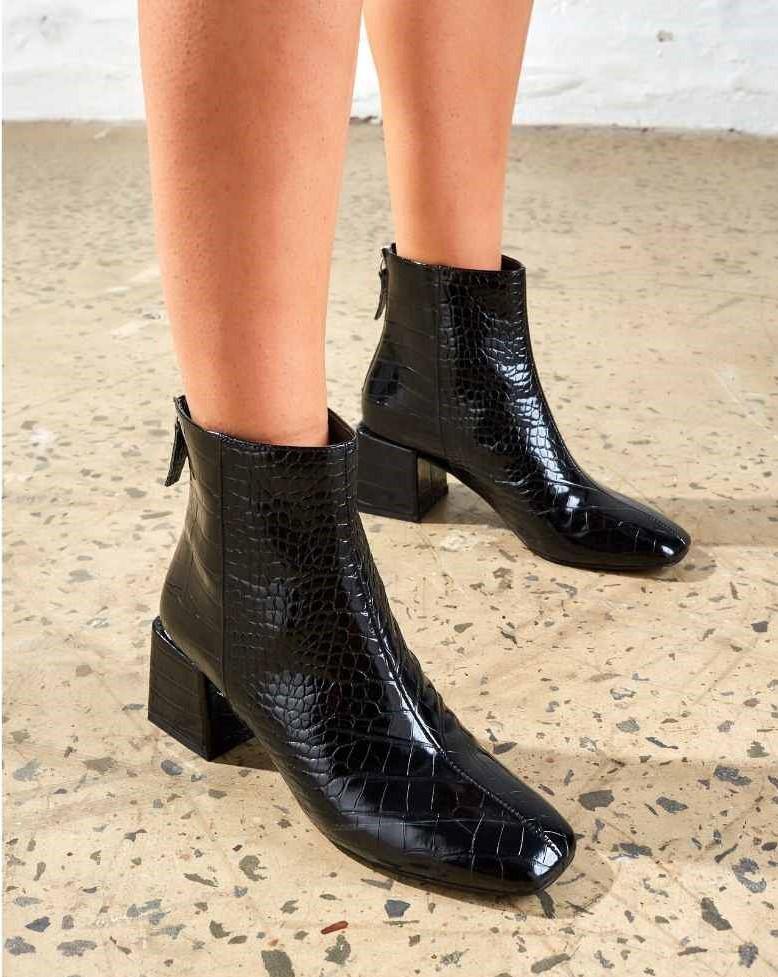 Therapy Shoes Cody Black Croc | Women's Boots | Ankle | Low Block Heel 