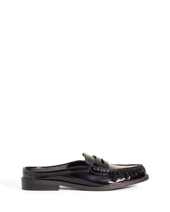 Atticus Loafer Mule Black Crinkled Patent