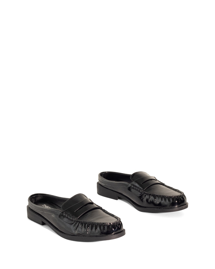 Atticus Loafer Mule Black Crinkled Patent