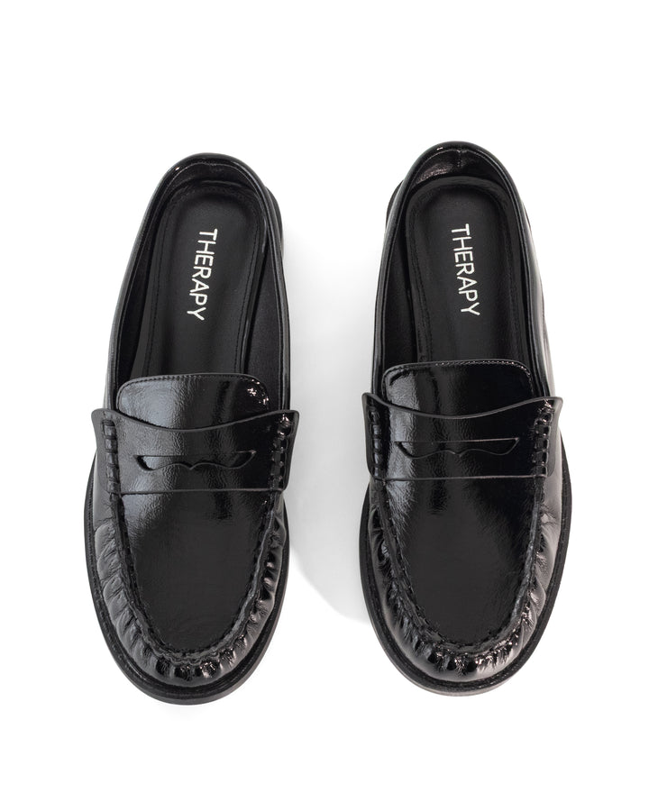 Atticus Loafer Mule Black Crinkled Patent