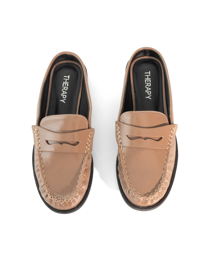 Atticus Loafer Mule Mocha Crinkled Patent