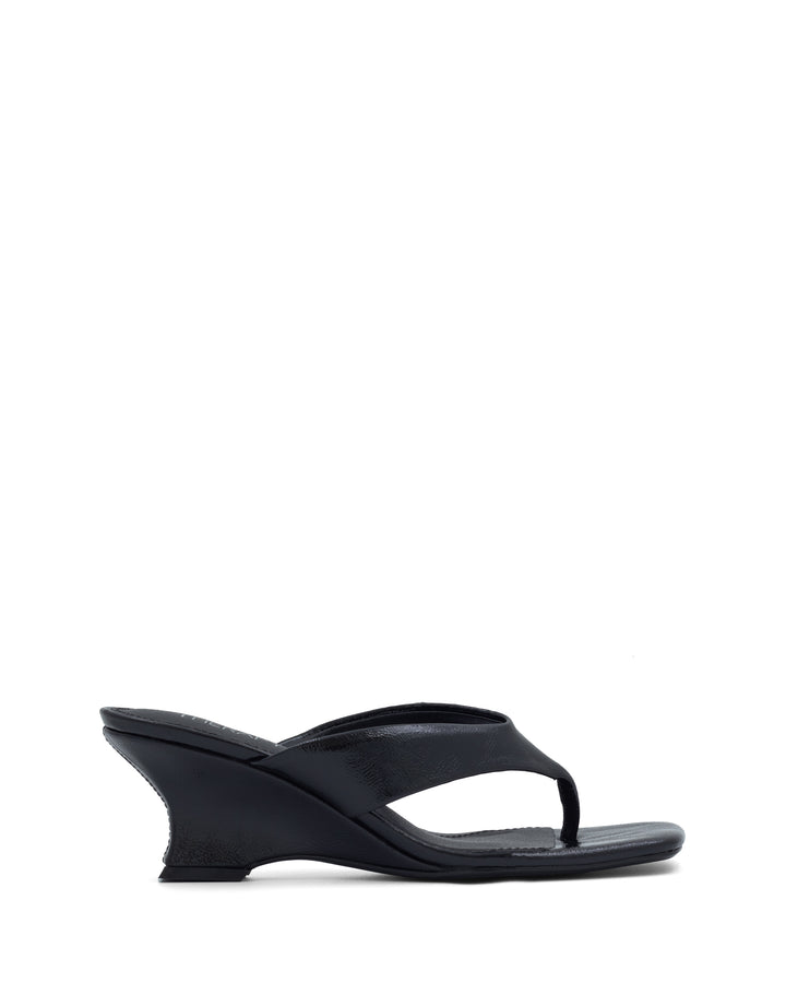 Tease Wedge Thong Black Crinkled Patent
