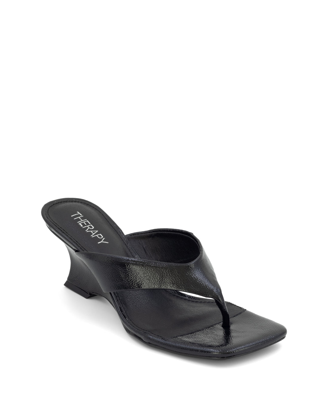 Tease Wedge Thong Black Crinkled Patent